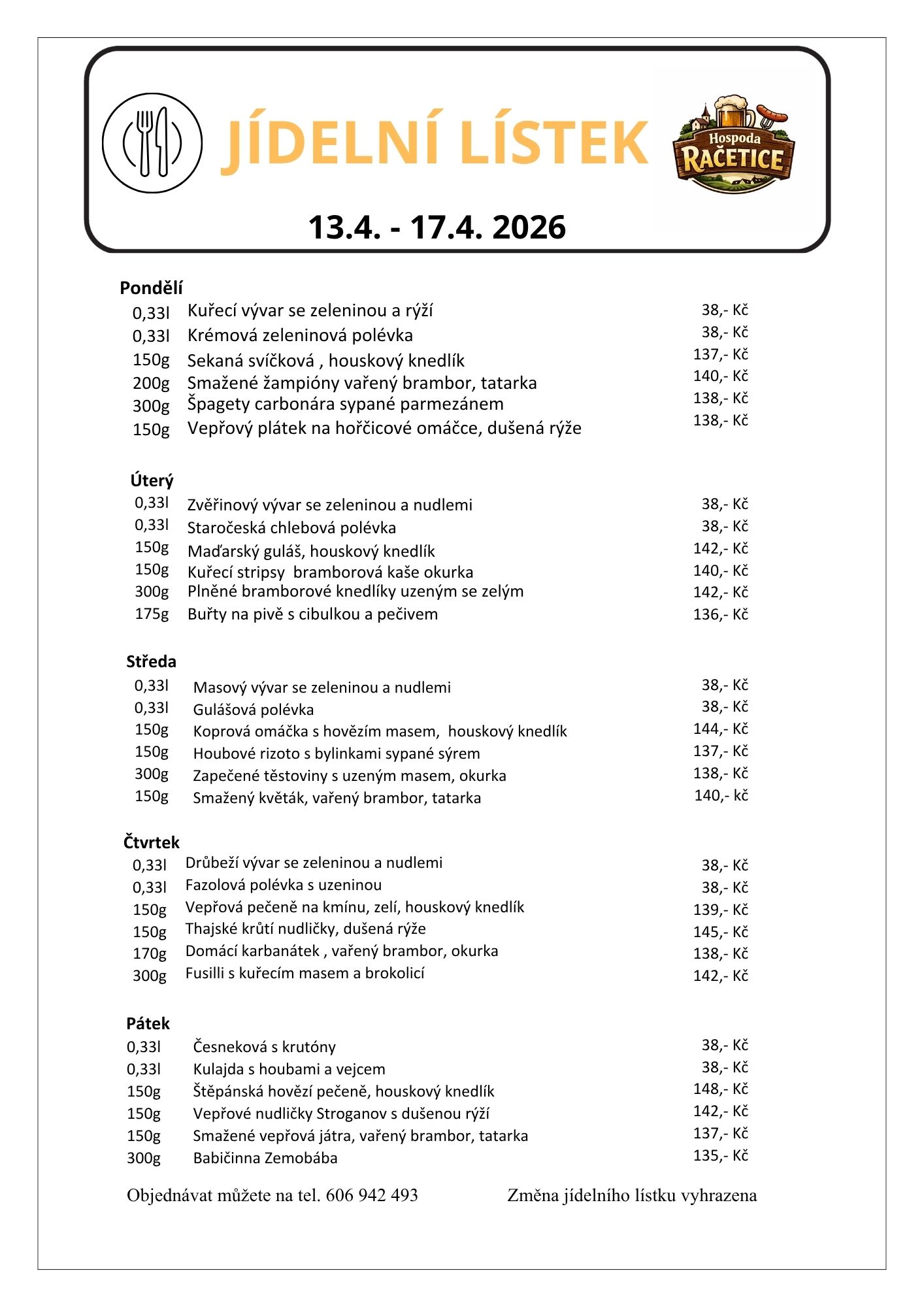 Jídelní lístek - aktuální týden